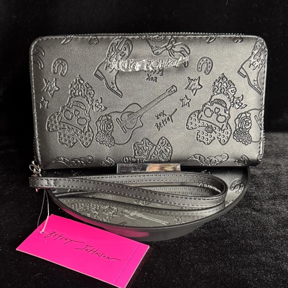 Betsey Johnson Black Embossed Wristlet with Silver Accents